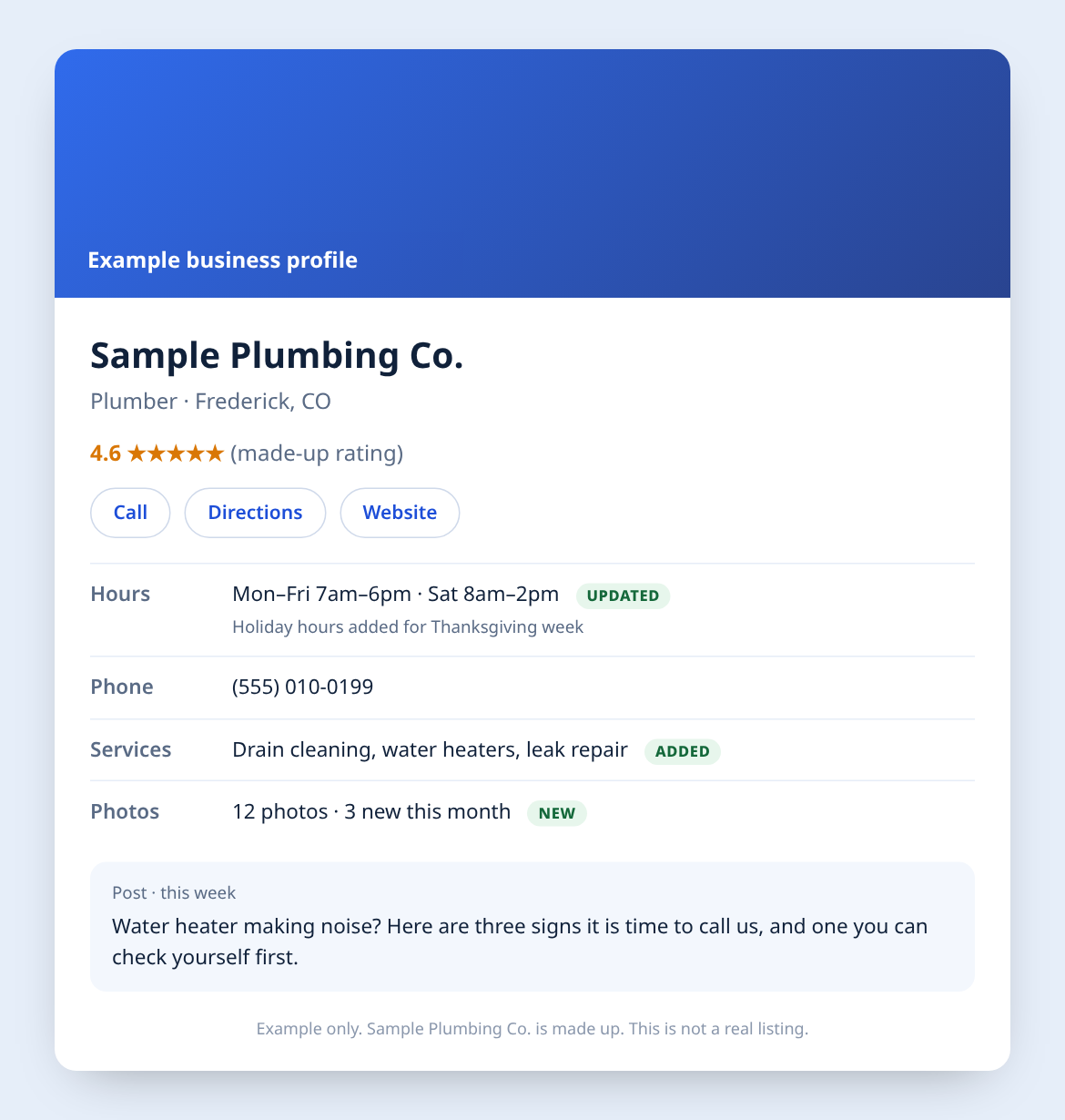 Example business profile with updated hours, added services, new photos and a recent post